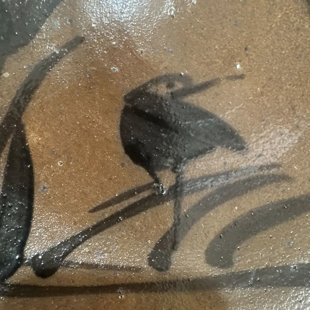 Brown and Black Pottery Plate Stoneware Coastal Bird 10.5
